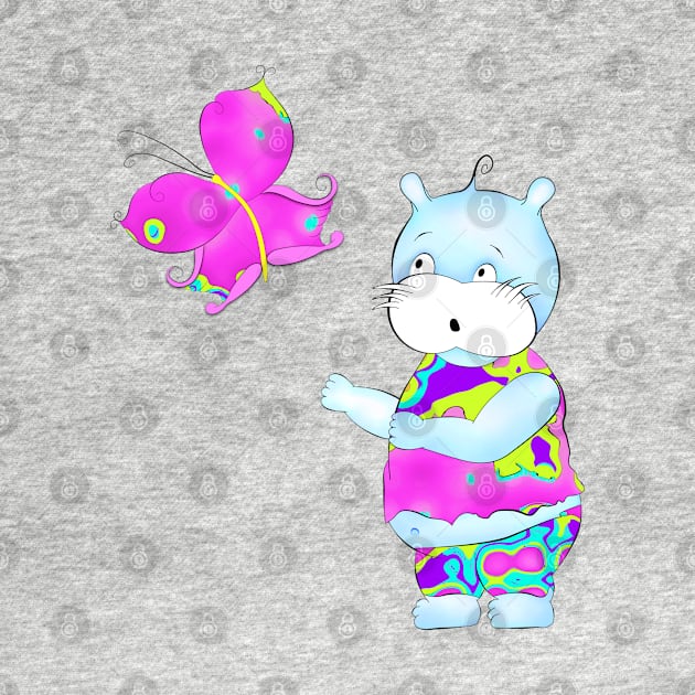 Cute hippie hippo looking at butterfly by stefy